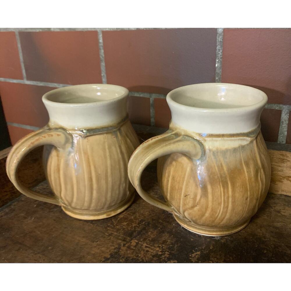 Pair Pewabic Pottery Detroit Mugs 2011 Birch Glaze Coffee Cups Handcrafted - Picture 2 of 7